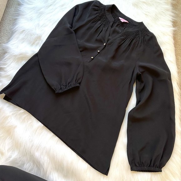 Lilly Pulitzer Silk Elsa Tunic Top Black Split Neck Boho Peasant SMALL #65774 - Picture 1 of 10